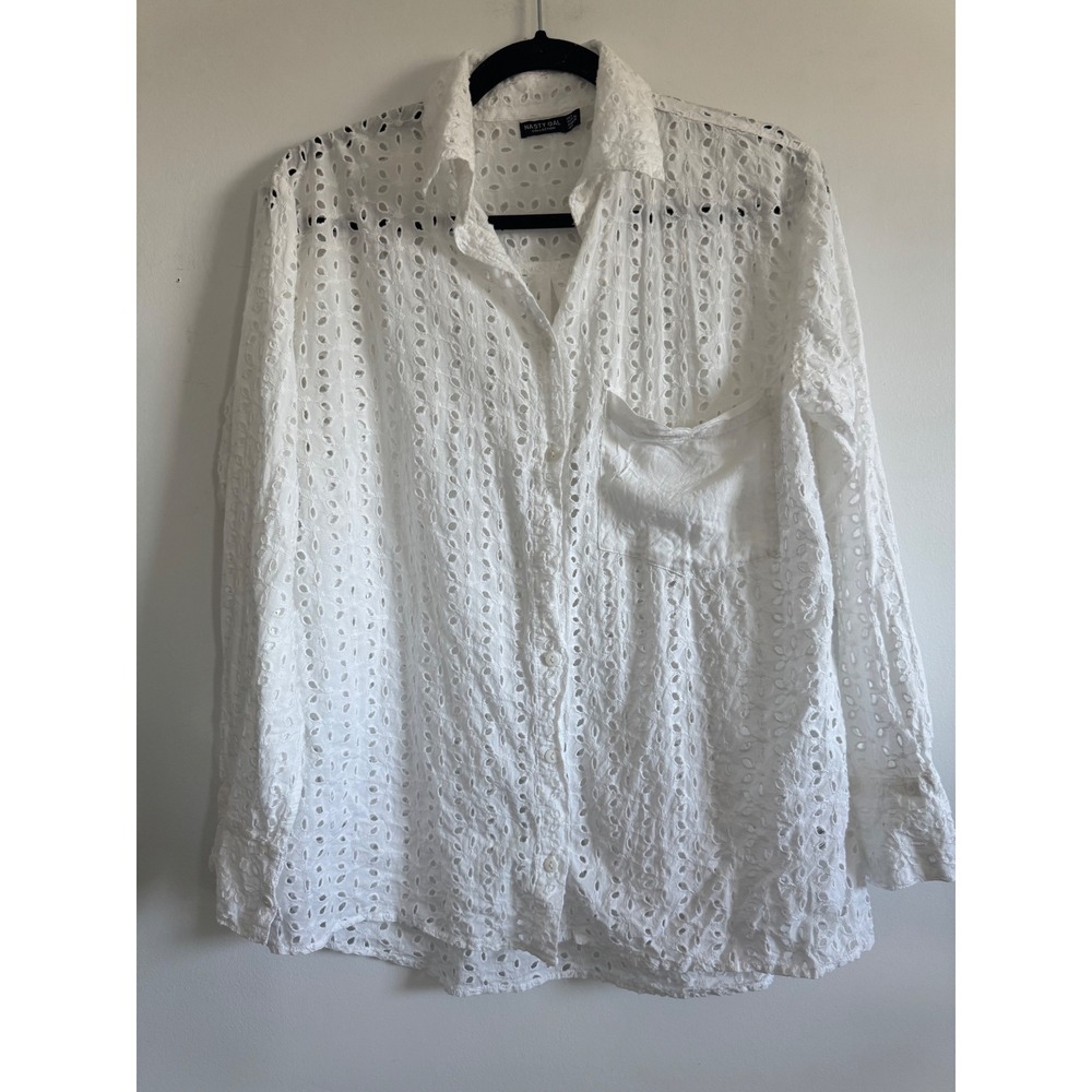 Nasty Gal Collection White Eyelet Lace Button Down Shirt Long Sleeve Pocket US 4